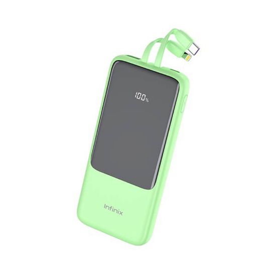 Picture of Infinix Power Bank XP07 10,000 mAh 22.5W PD, QC, PE Thunder Charge built in Lightning, USB C Cables Green